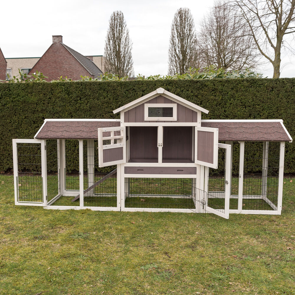Konijnenhok Amalie met rennen - Whitewash/grijs - 118x239x70 cm