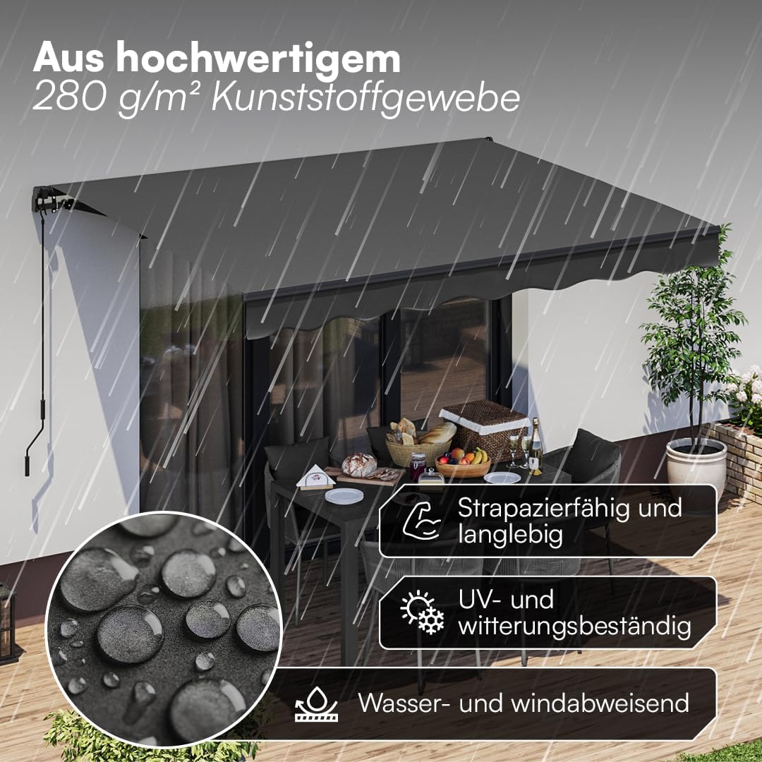 STEELSØN Kestria Markise für Balkon/Dachterrasse/Garten 300x250 cm – Gelenkarmmarkise blickdicht & wetterfest – Außenrollo mit Kurbel aus Kunststoffgewebe – Sonnenmarkise mit Wandhalterung Anthrazit