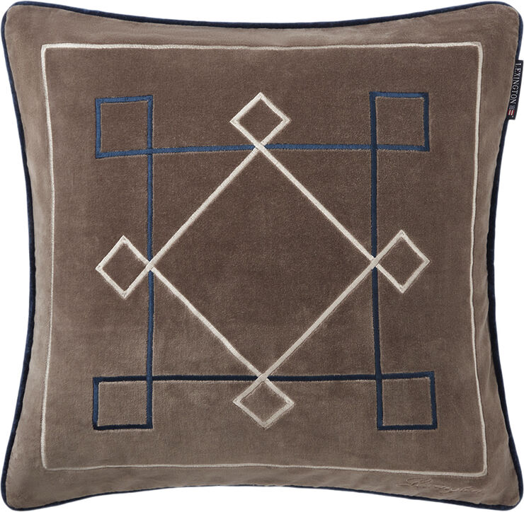Lexington Graphic Embroidered Organic Velvet Pillow Cover Brown/lt beige/denim blue