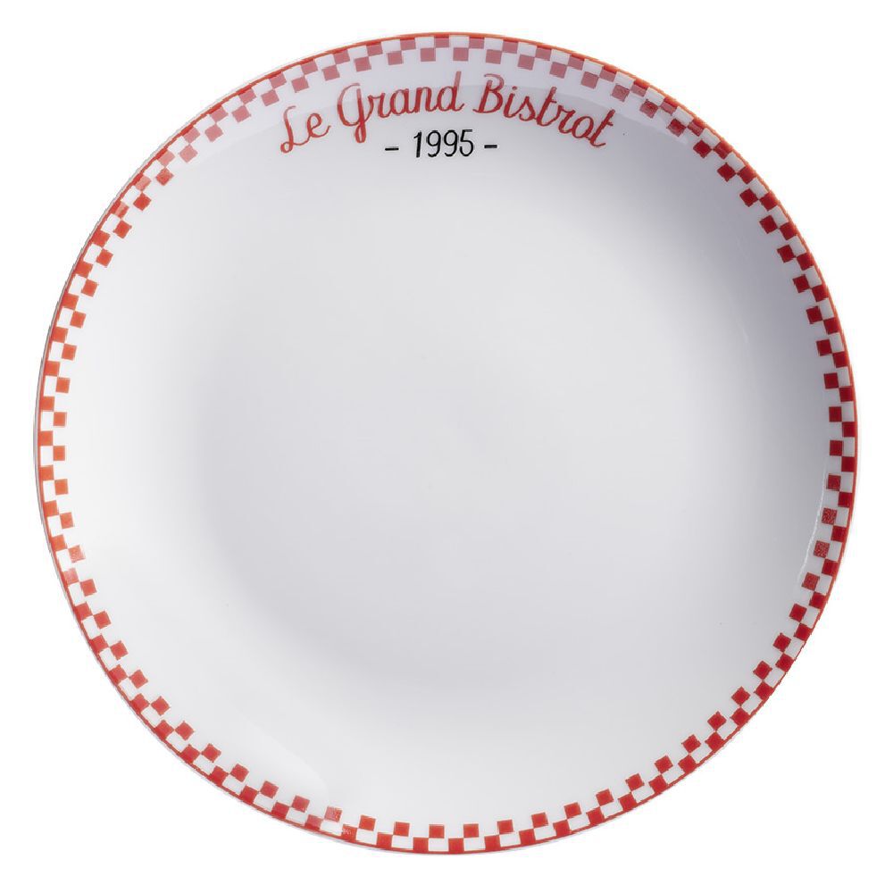 Assiette à dessert Le grand bistrot contour damier rouge blanc