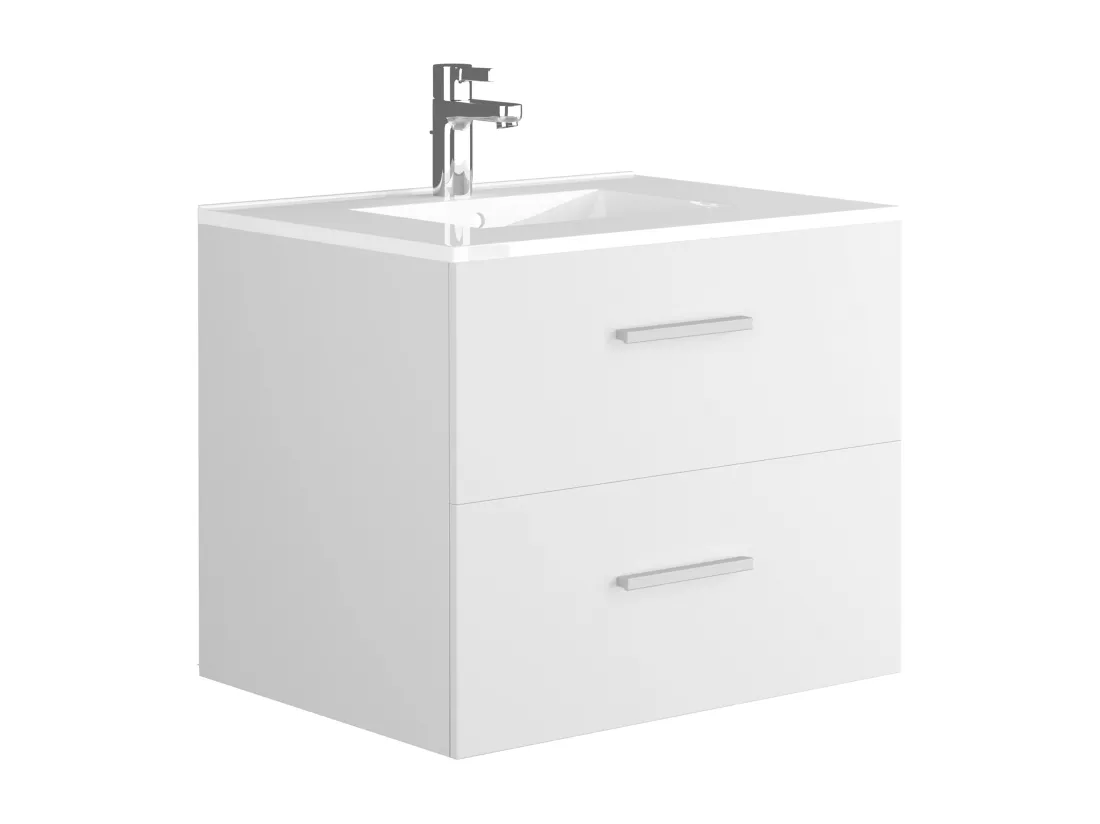 Meuble de salle de bain suspendu simple vasque avec colonne de rangement - Coloris blanc - 60 cm - KAYLA