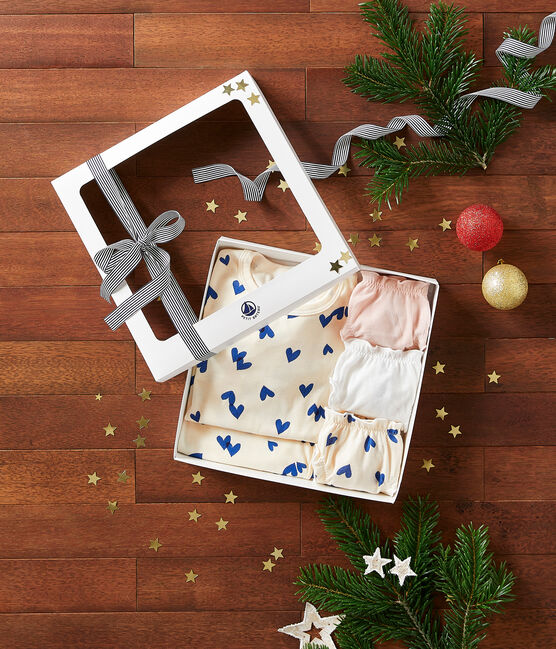 Coffret cadeau pyjama et culottes imprimé cœurs bleus en coton