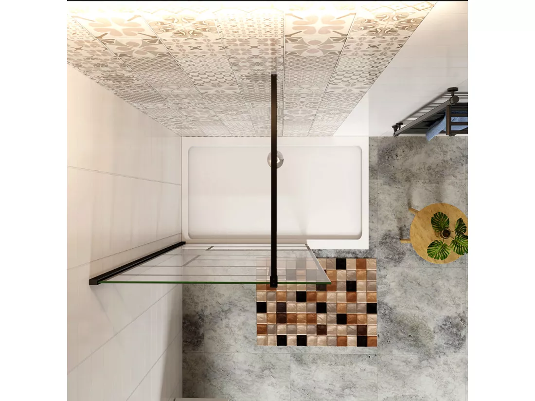 Paroi de douche 120x200cm fixe à l'italienne avec barre de fixation noire carrée 90cm, en 8mm verre anticalcaire style moderne