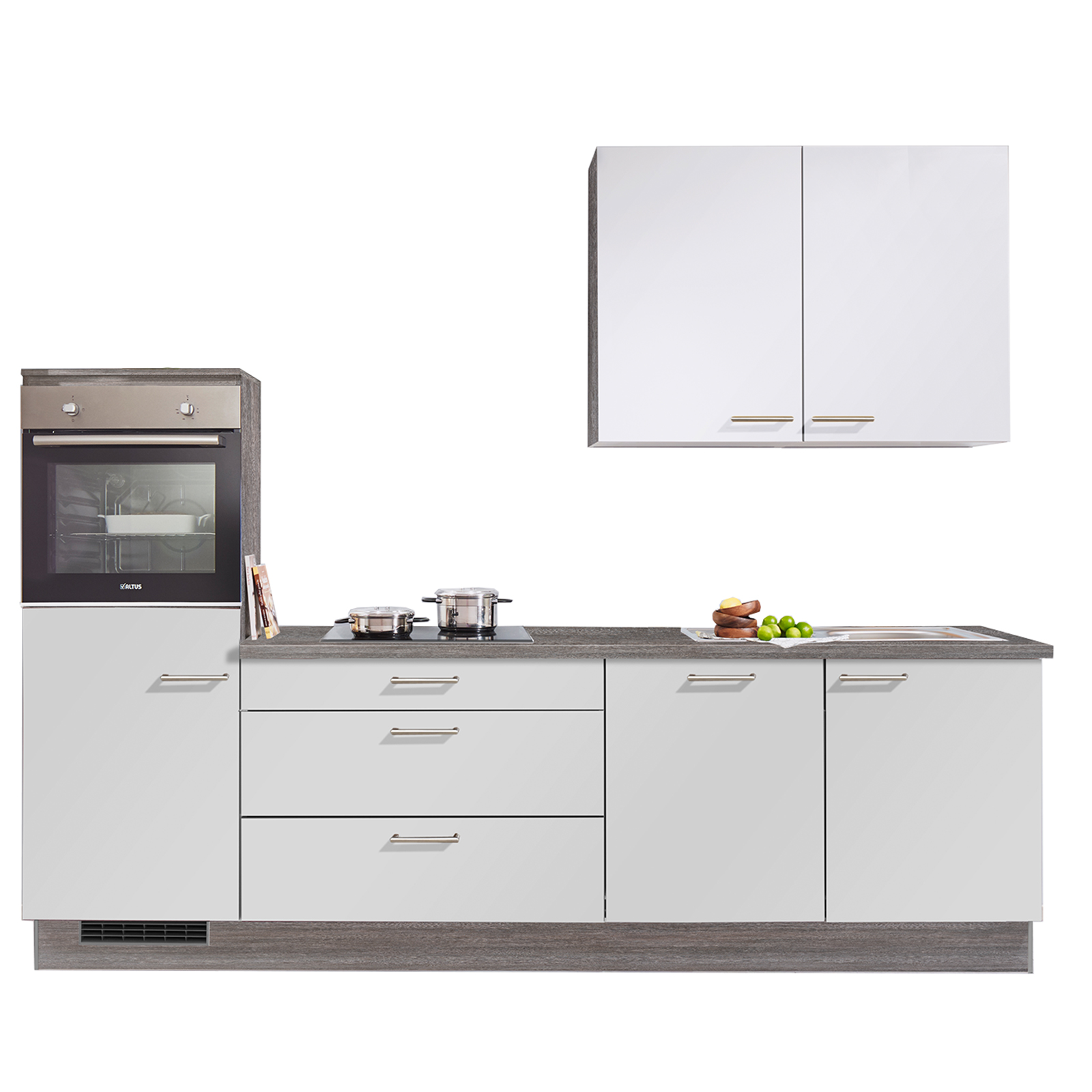 pino Küchenblock PN80 - weiß - Steineiche - mit E-Geräten - Kühlschrank links - 280 cm