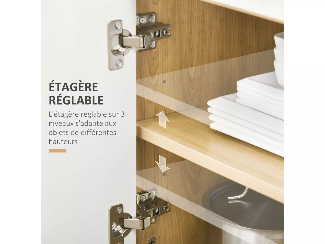 Meuble desserte de cuisine micro-onde style scandinave - porte, 2 étagères, tiroir, niche - blanc aspect chêne clair
