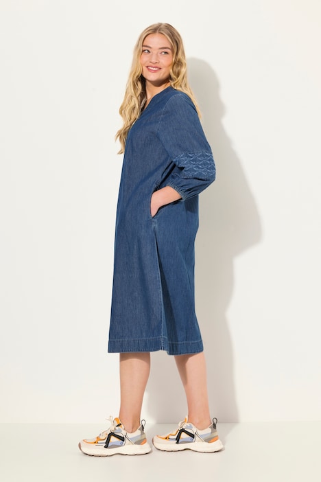 Jeanskleid, 3/4 Arm, V-Ausschnitt, Midilänge