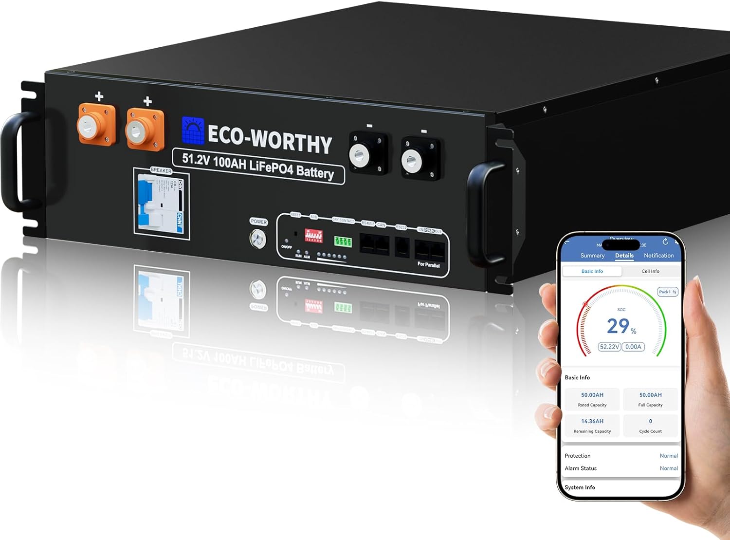 ECO-WORTHY LiFePO4 48V 100Ah V3 Bluetooth mit 100A BMS,5.12KWh 48V Lithiumbatterie Serverschrank Solarbatterie für Solaranlage Komplettset,Photovoltaikanlage,IEC 62619