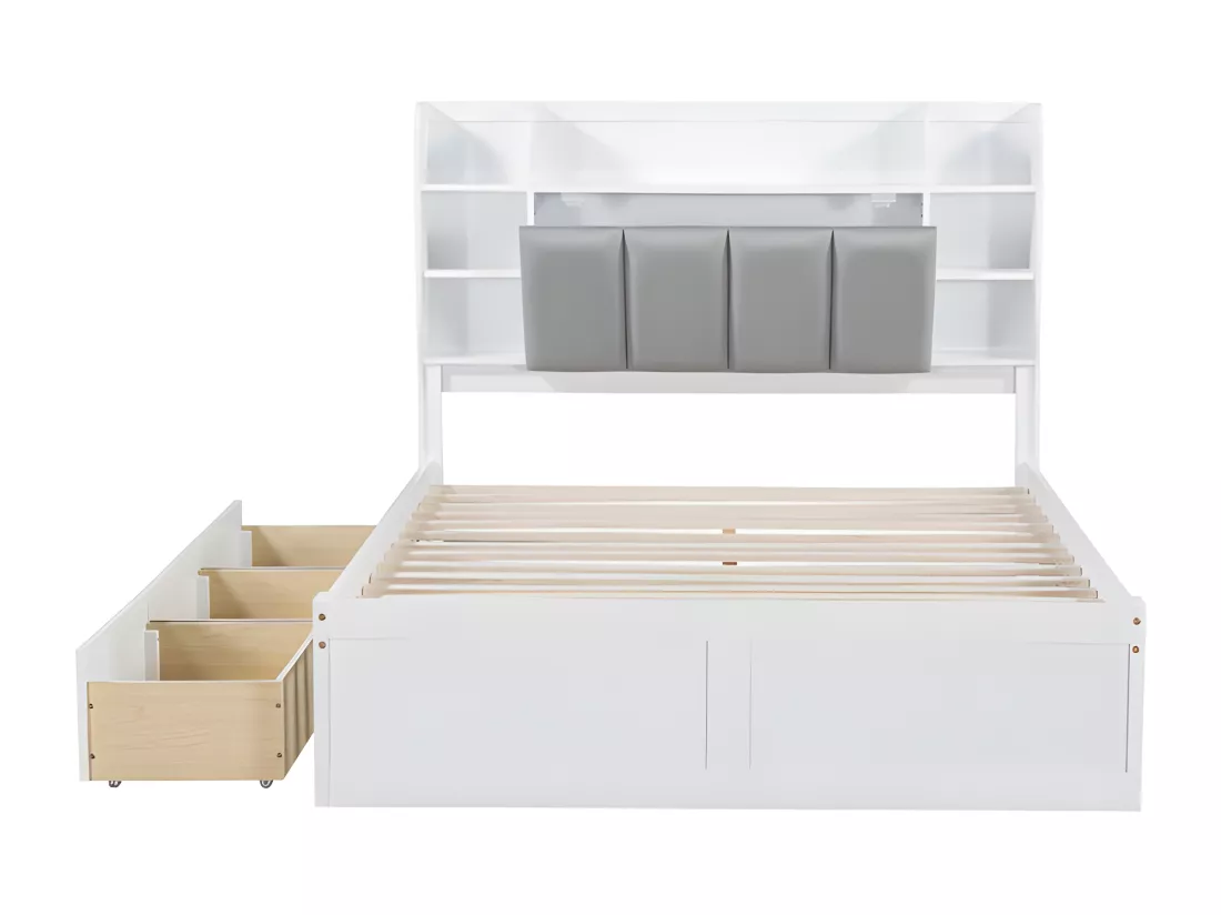 Lit double 140x200cm - en bois de pin et MDF - tête de rangement avec étagères ouvertes et 3 tiroirs - Blanc