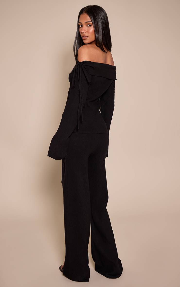 Noir Pantalon Large En Maille Taille Haute Avec Taille Repliable Et Liens Latéraux