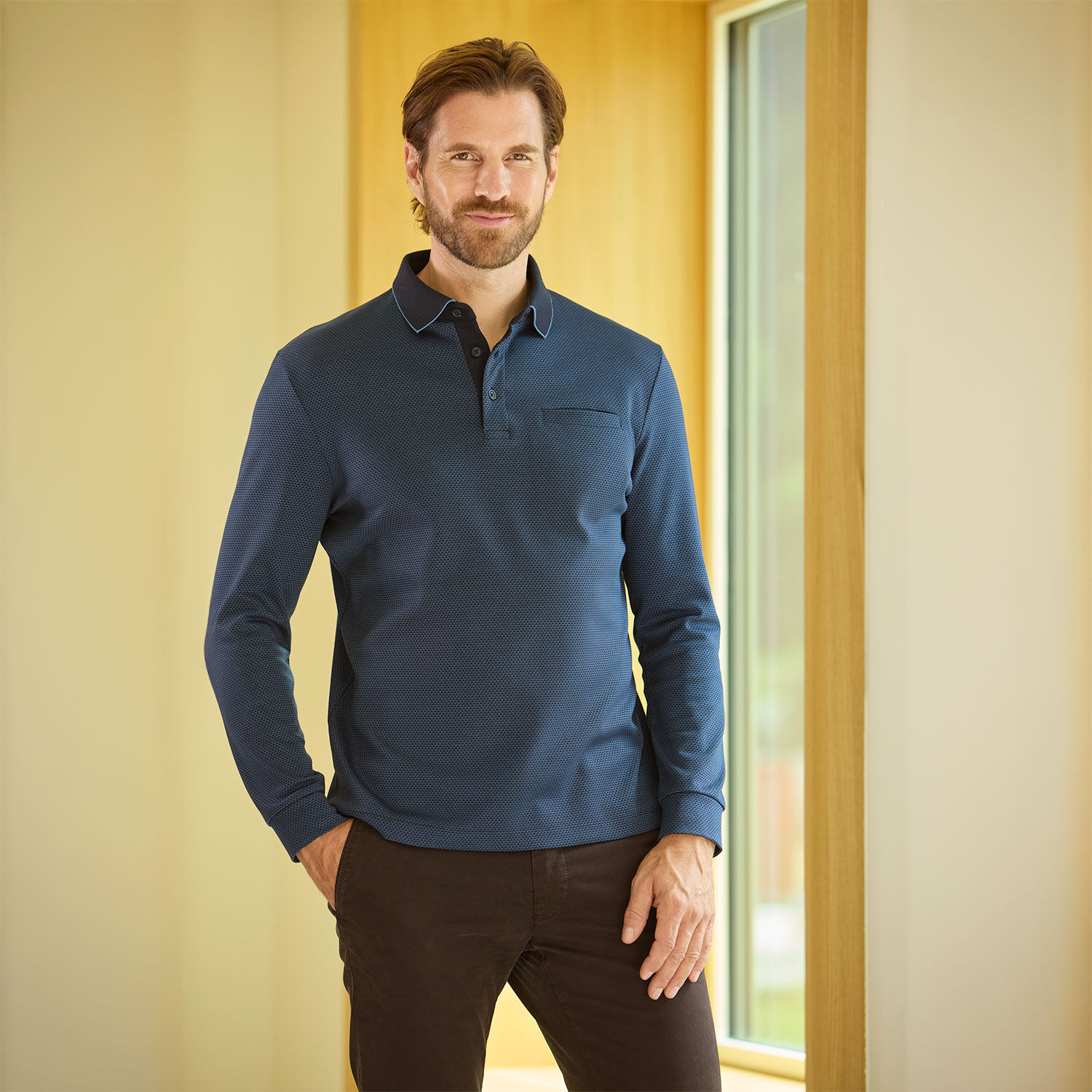 Herren Langarm-Poloshirt mit Brusttasche