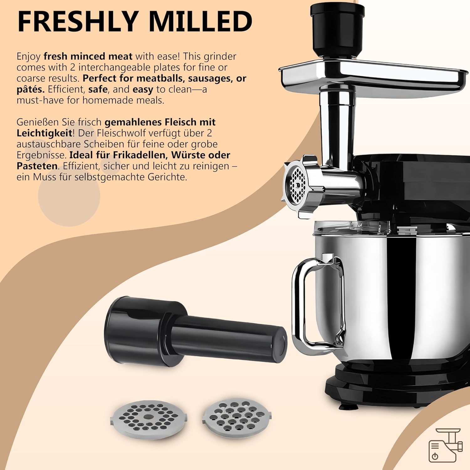 Retoo Küchenmaschine 3 in 1 1500W Large Stainless Steel Bowl 6L Meat Grinder Kneading Machine Multifunctional 6 speed settings 3 Mixing Tools Includes Splash Guard Lid Dough Hook and Whisk Versatile