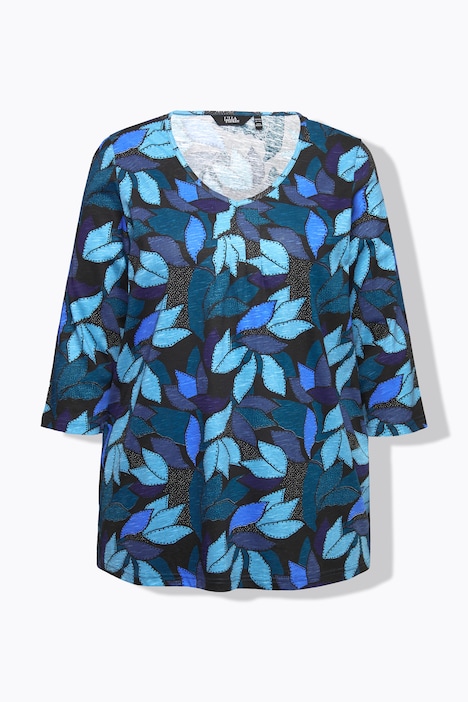 Shirt, Blätter, A-Linie, V-Ausschnitt, 3/4-Arm