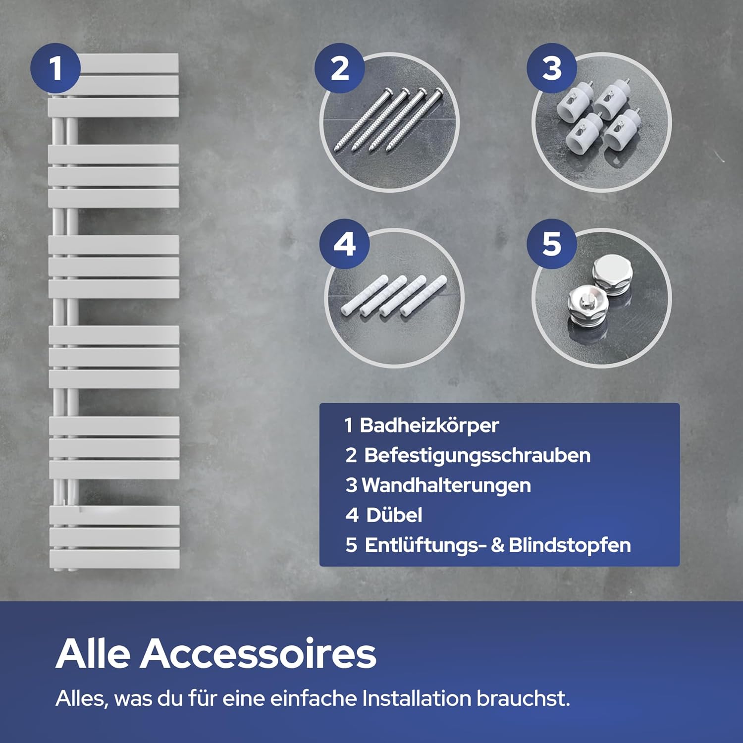 VILSTEIN® Badheizkörper [180x45cm] - Handtuchheizkörper Elektrisch einsetzbar [SEITLICH OFFEN] - Handtuchtrockner Badezimmer - Handtuch Heizkörper Bad - Handtuchheizung - Wandheizkörper - (Weiß)