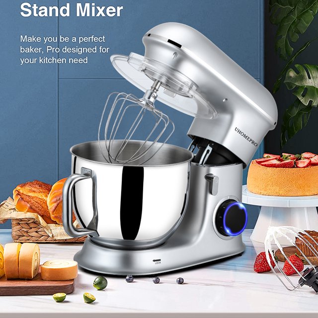 Batedeira de pedestal uhomepro de 7,5 QT para cozinha, 6 velocidades + 0 + P, cabeça inclinável, 660 W, batedeira elétrica para massa, uso doméstico e comercial, com gancho para massa, batedor, batedor de ovos, espátula, própria para lava-louças.