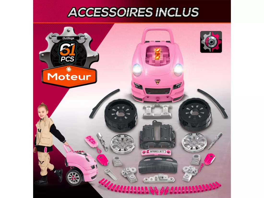 Camion mécano 2 en 1 - jouet bricolage enfant - jeu d'imitation mécanicien - nombreux accessoires total de 61 pièces - effets sonores et lumineux - PP ABS rose