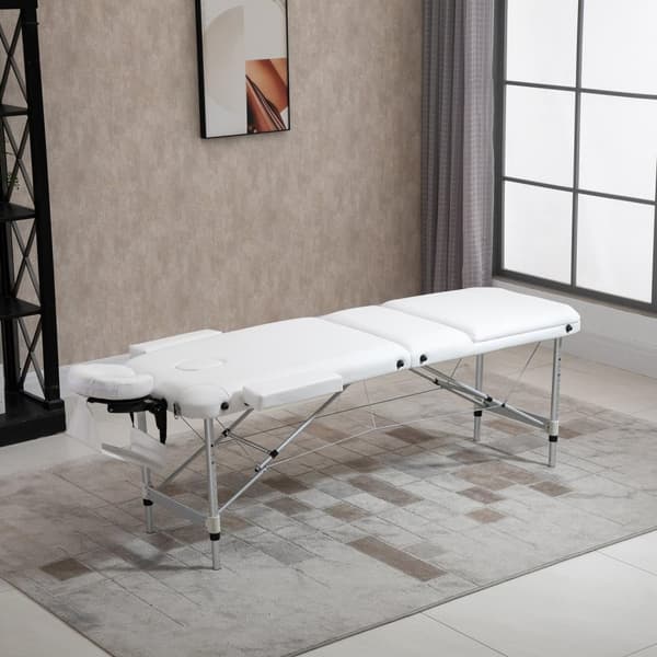 Sammenleggbart massasjebord, høydejusterbart med pute for salong og spa, plast og aluminium, hvit, 215 x 60 x 61-84 cm