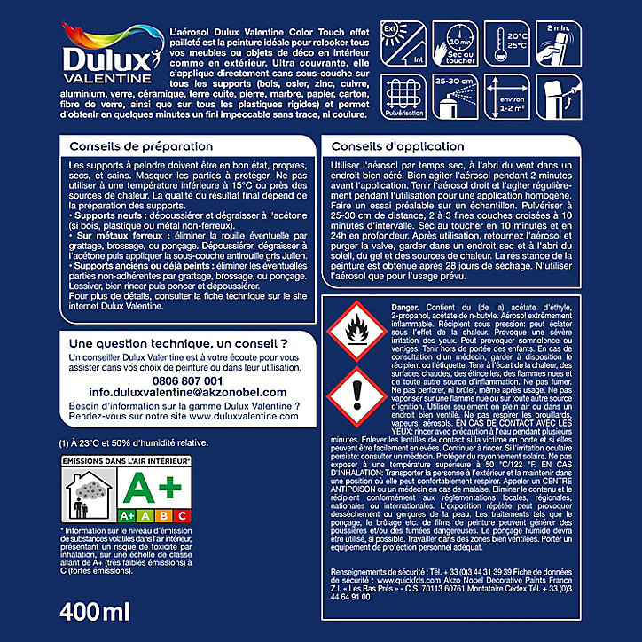Peinture aérosol Color Touch multi supports Dulux Valentine effet pailleté argent 400ml
