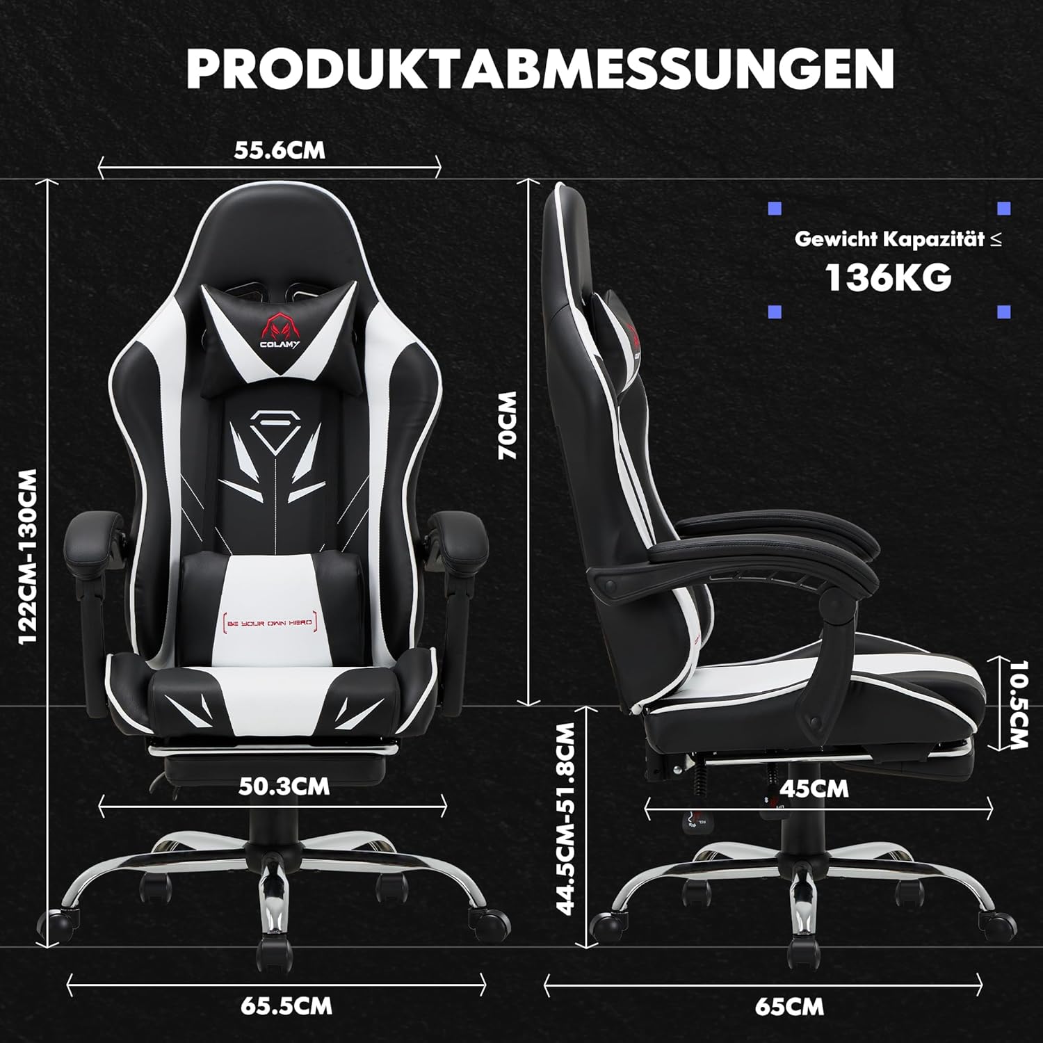 COLAMY Gaming Stuhl, Computer Stuhl mit Fußstütze und Lendenwirbelstütze, höhenverstellbarer Gaming Chair mit 360°-Drehsitz und Kopfstütze, Video Gamer PC Stuhl, Ergonomische hohe Rückenlehne, Weiß