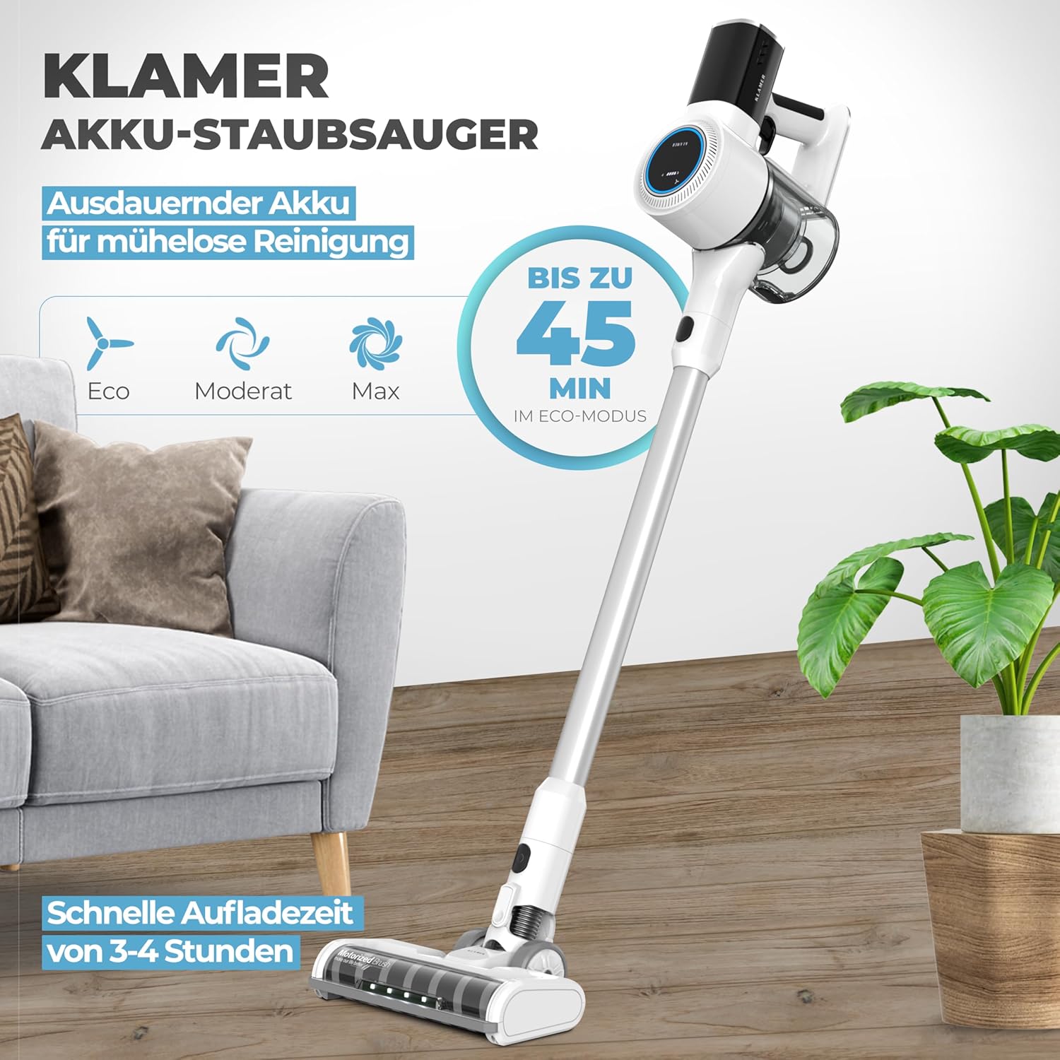 KLAMER Akku Staubsauger, 2-in-1 Staubsauger kabellos & Handstaubsauger, Akkulaufzeit bis 45 min, Akkustaubsauger mit HEPA Filter für Teppich, Auto & Hartböden
