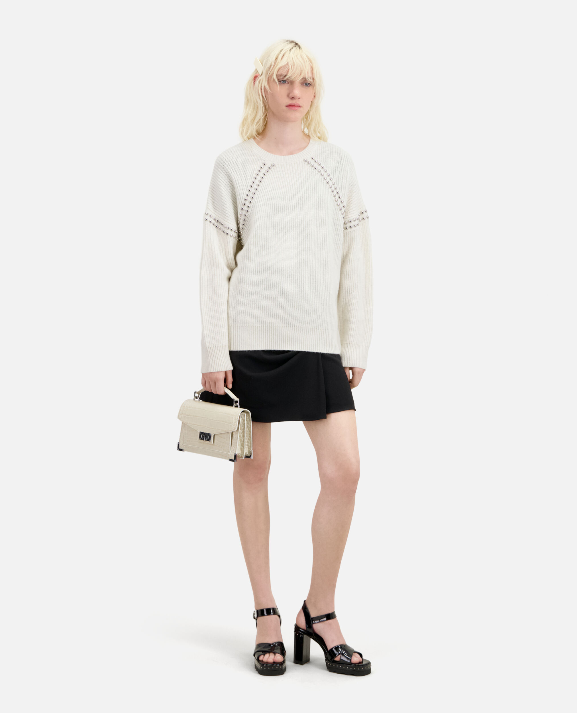 Ecru ribbed wool and cashmere sweater with studs