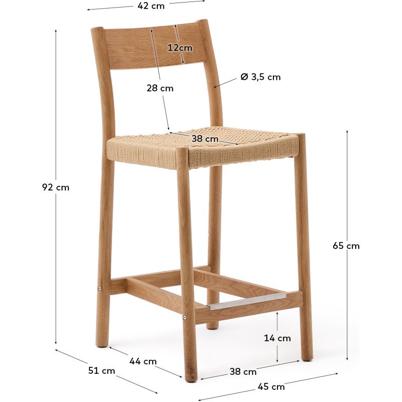 Tabouret Yalia dossier en bois de chêne finition naturelle et assise en corde 65 cm