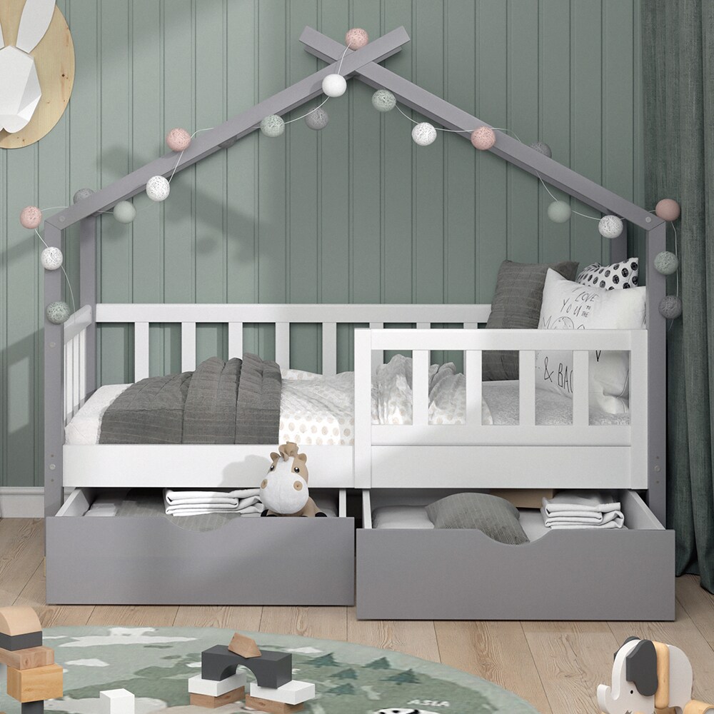 VitaliSpa Kinderbett Hausbett Einzelbett Design Weiß Grau modern 70x140 cm Kinderzimmer Bett Massivholz Lattenrost Schublade Rausfallschutz Schubladenbett