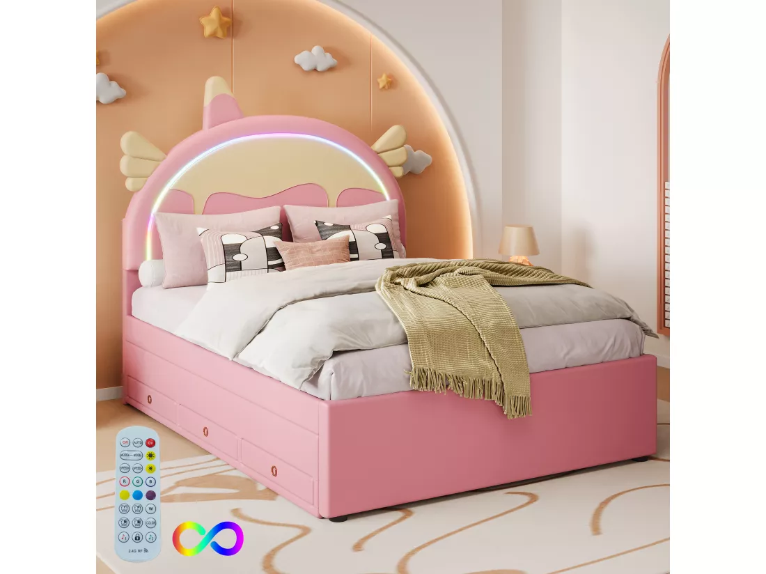 Lit gigogne 140 x 200 cm + 90 x 190 cm avec 3 tiroirs - Tête de lit en forme licorne - Similicuir - Rose