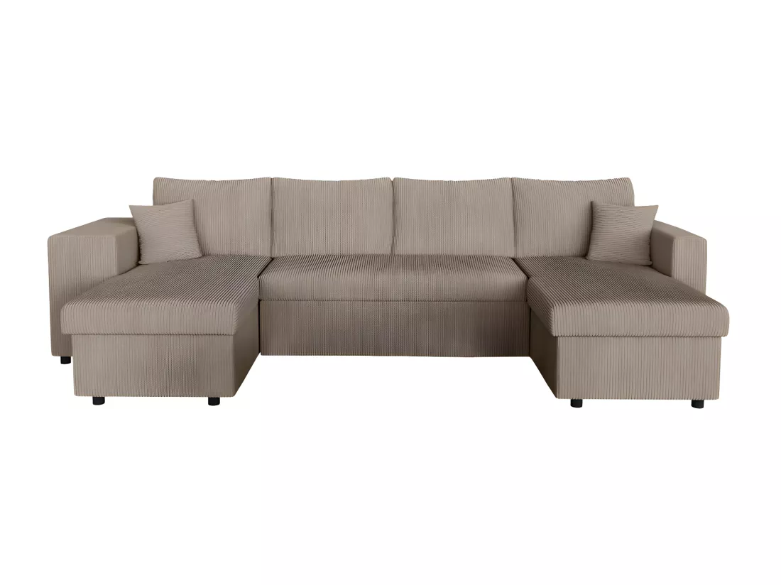 Canapé panoramique Oslo convertible avec 2 coffres, 2 poufs à gauche en velours côtelé taupe - L311 x P146 x H81cm - Loungitude