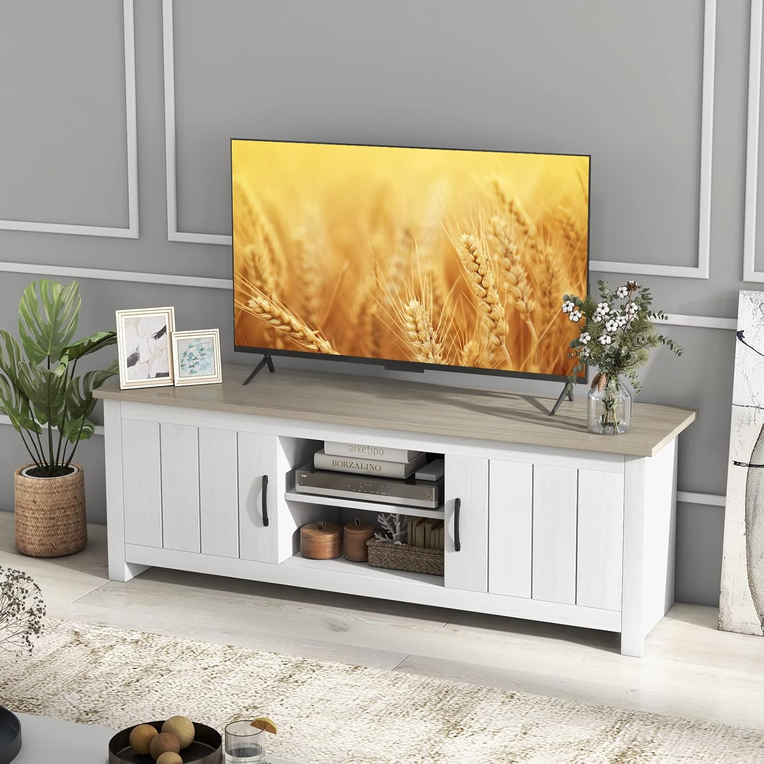 COSTWAY TV Schrank, Lowboard mit 2 Türen und offenen Regalen, TV Ständer für Fernseher bis 65 Zoll, Fernsehtisch, Fernsehschrank für Wohnzimmer, Schlafzimmer, 145 x 40 x 50 cm (Weiß + Grau)