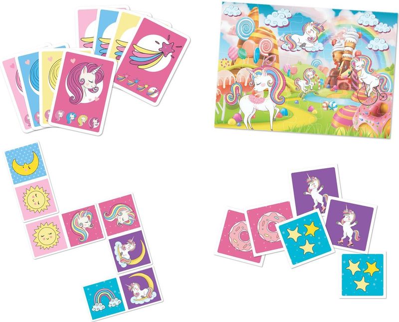 Grafix - 4-in-1 Spel - Kwartet, Domino, Memory, Puzzel - Eenhoorn Illustraties