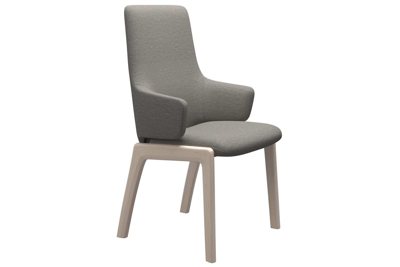 Basil spisestol I tekstil Mirage Dark Beige med hvitvasket eik understell. Med arm, høy rygg og large sete. Vaskbart trekk