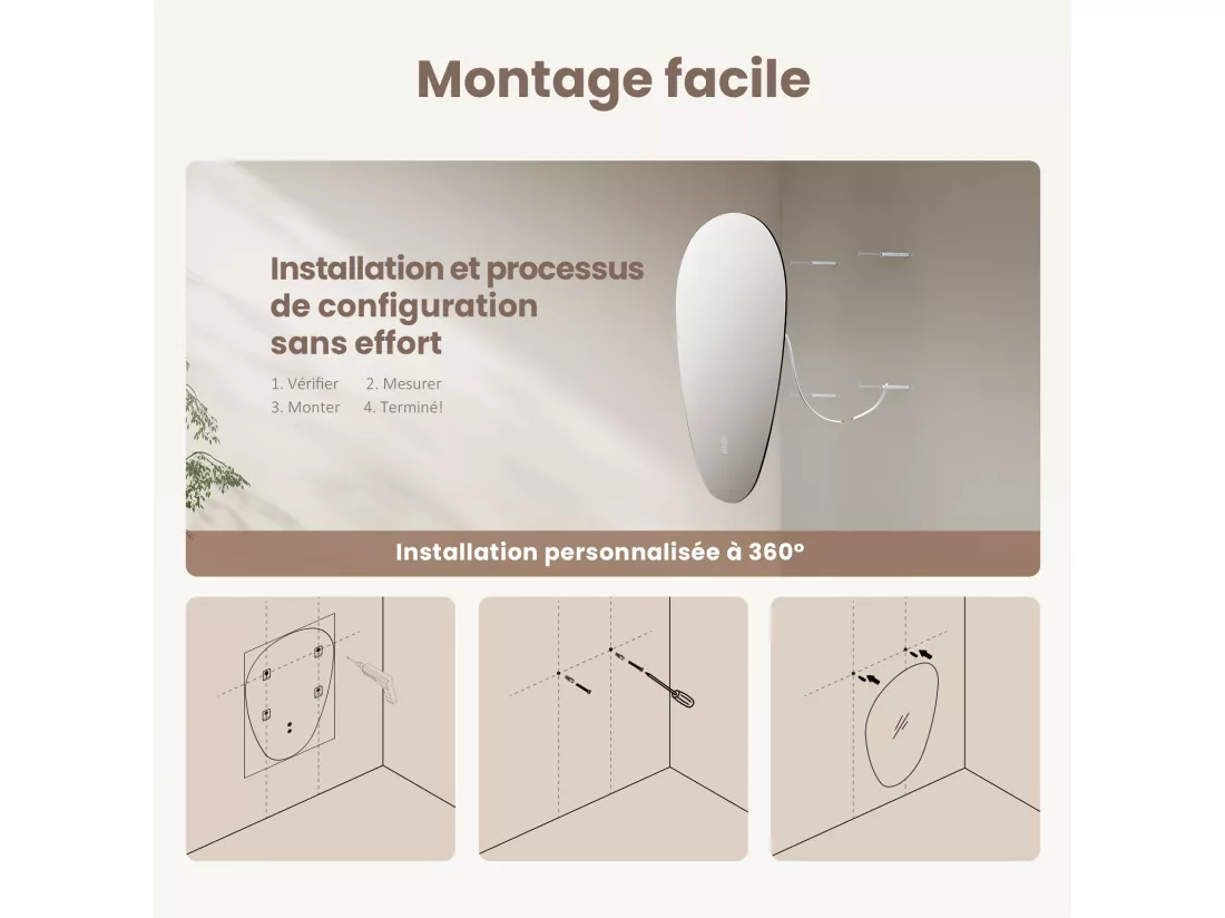 EMKE Miroir Salle de Bain avec Éclairage, 70 x 50 cm, Miroir LED Asymétrique, Interrupteur Tactile, 3 Couleurs de Lumière Réglables, Miroir Anti-Buée