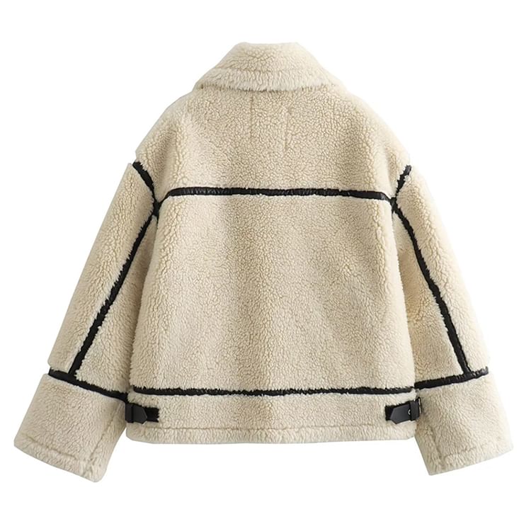 SugaYuja - Fleece jack met kraag, imitatieleren paneel en contrasterende bies
