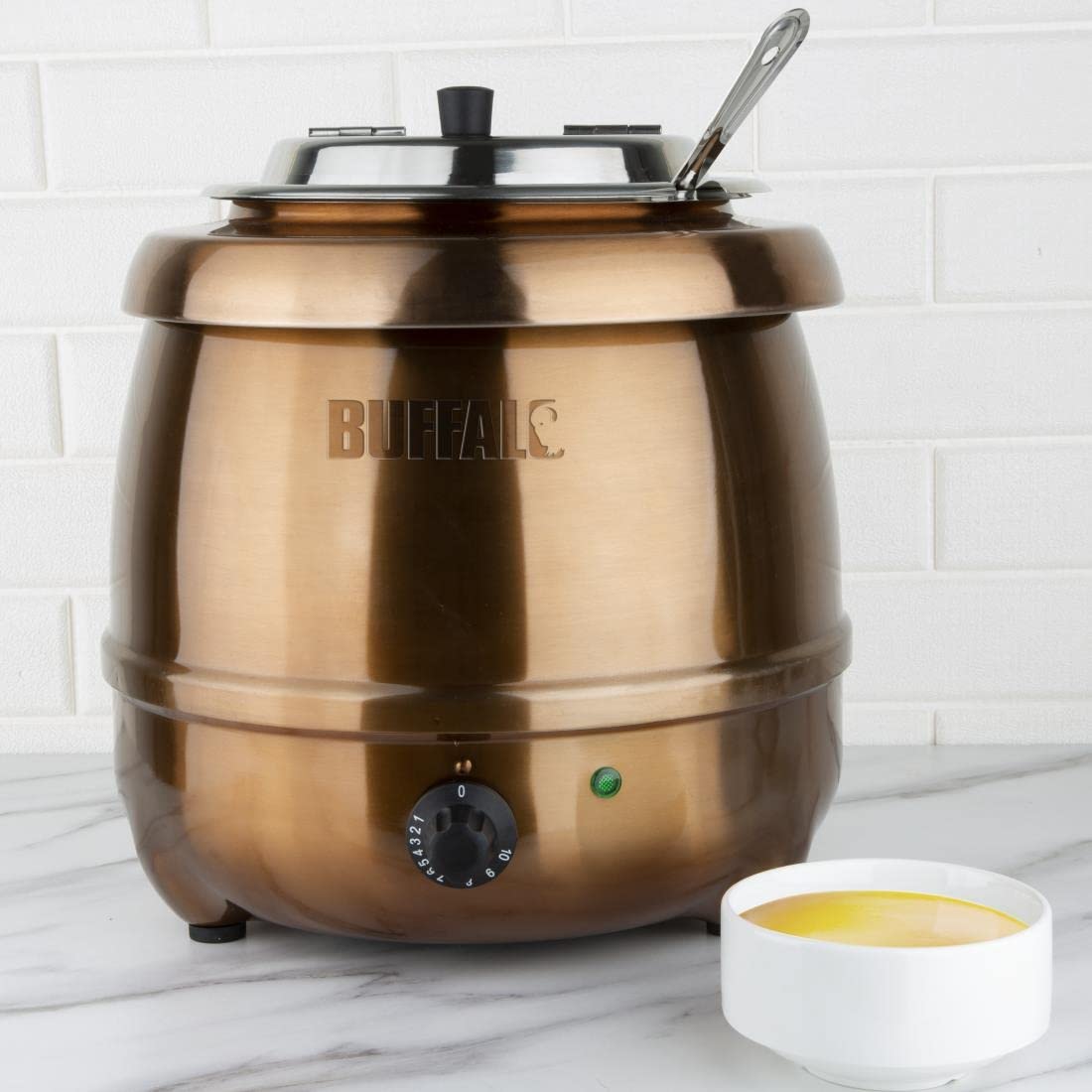 Buffalo Suppenkessel 10 Liter, Kupfer-Finish, 35°C bis 95°C, Elektrischer Buffet-Wärmer mit Nasswärme - Ideal für Suppe, Chili, Porridge oder Bohnen - Gewerbliche & private Nutzung, CP851