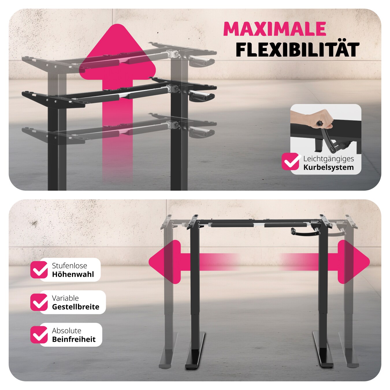 tectake® Tischgestell , stufenlos höhenverstellbar mit Handkurbel, breitenverstellbar, 84 - 129 x 60 x 71 - 121 cm