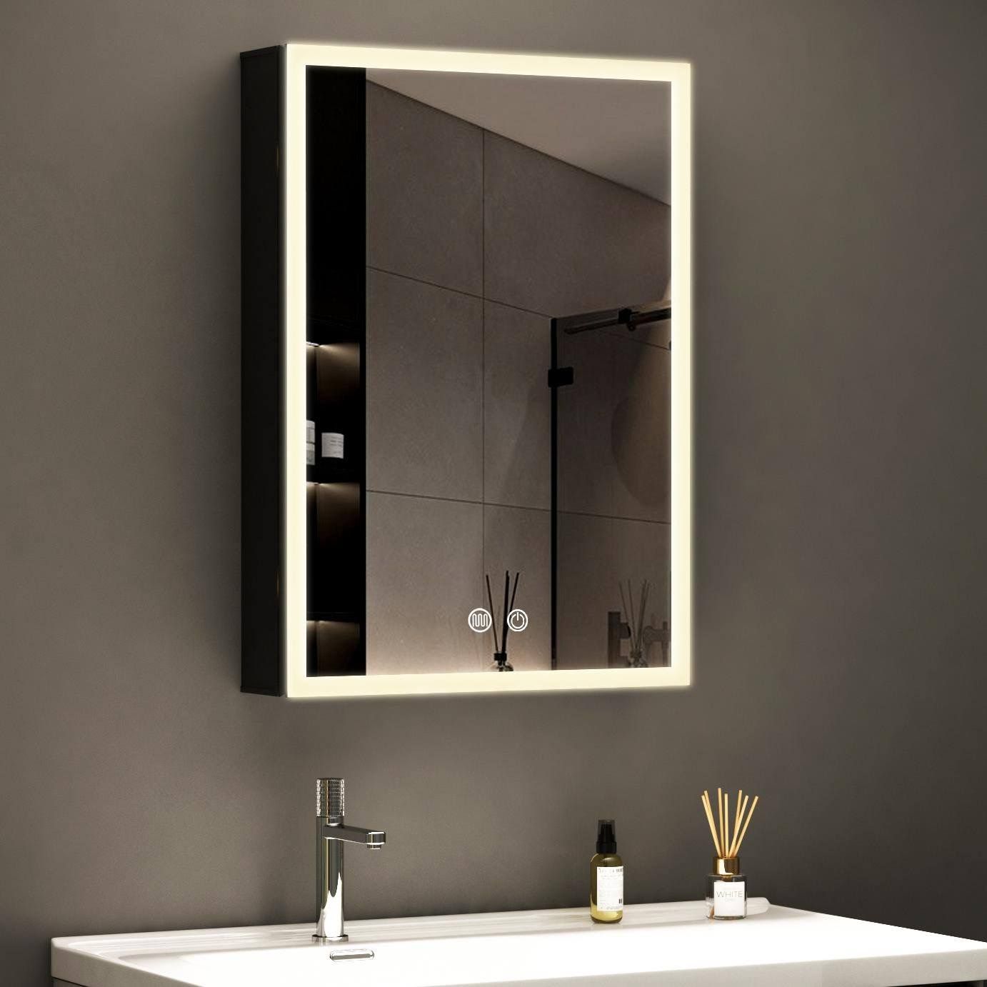 WDWRITTI Spiegelschrank mit Steckdose Spiegelschrank Klein 40x60cm 3Lichtmodi Dimmbar Anti-Fog (Aluminum Schrank Wandschrank schwarz, Speicherfunktion