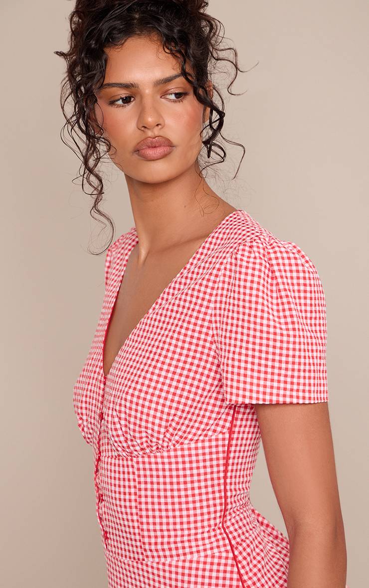 Rouge Robe Droite À Carreaux À Manches Courtes Avec Boutonnage