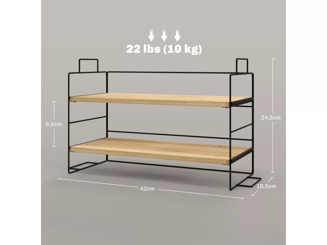 Organisateur de bureau, étagère de rangement de bureau à 2 niveaux, 42l x 16,5P x 24,5H cm, étagère en bois et structure métal noir