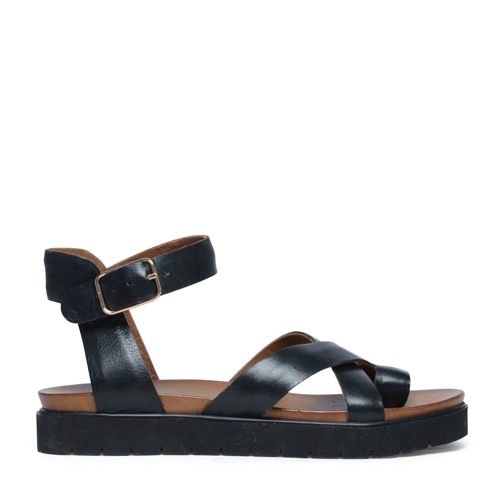 Zwarte leren plateau sandalen met gespsluiting