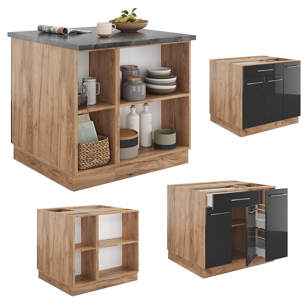 Vicco Kücheninsel Küchenblock Einbauküche Fame-Line Eiche Anthrazit 90 cm modern Hochglanz Küchen Schränke Apothekerunterschrank Schubunterschrank Regalinselunterschrank Softclose-Scharnier Küchenmöbel