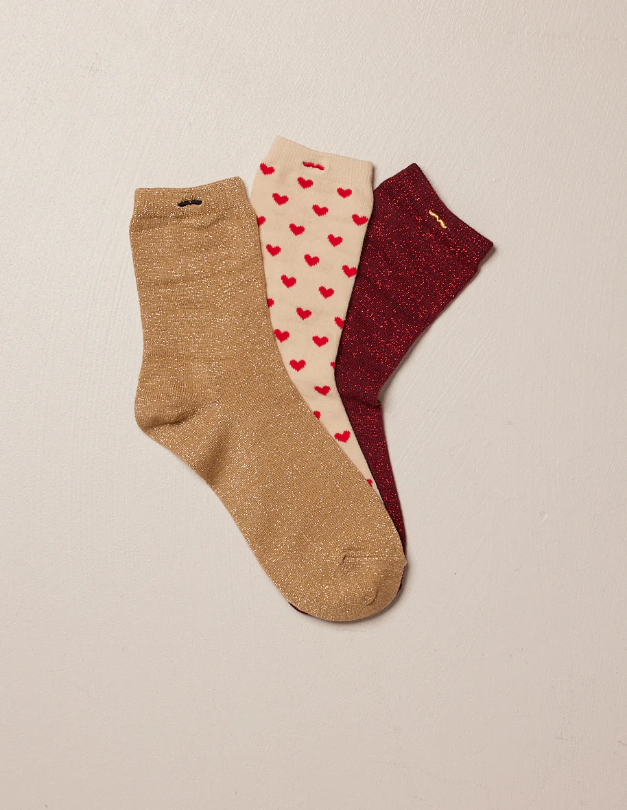 Pack de 3 chaussettes - Petit coeur Bordeaux doré