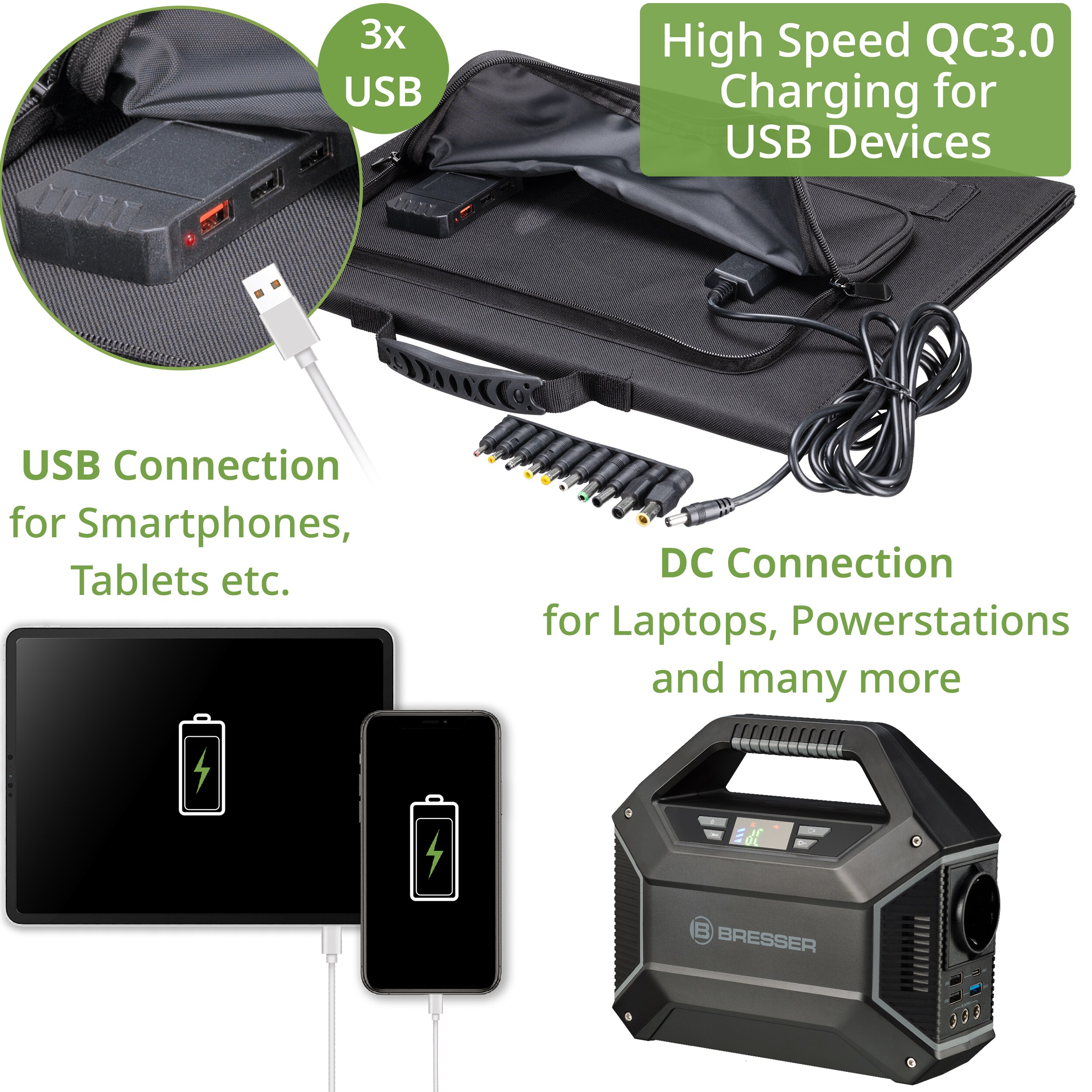 BRESSER Mobiles Solar-Ladegerät 40 Watt mit USB- u. DC-Anschluss