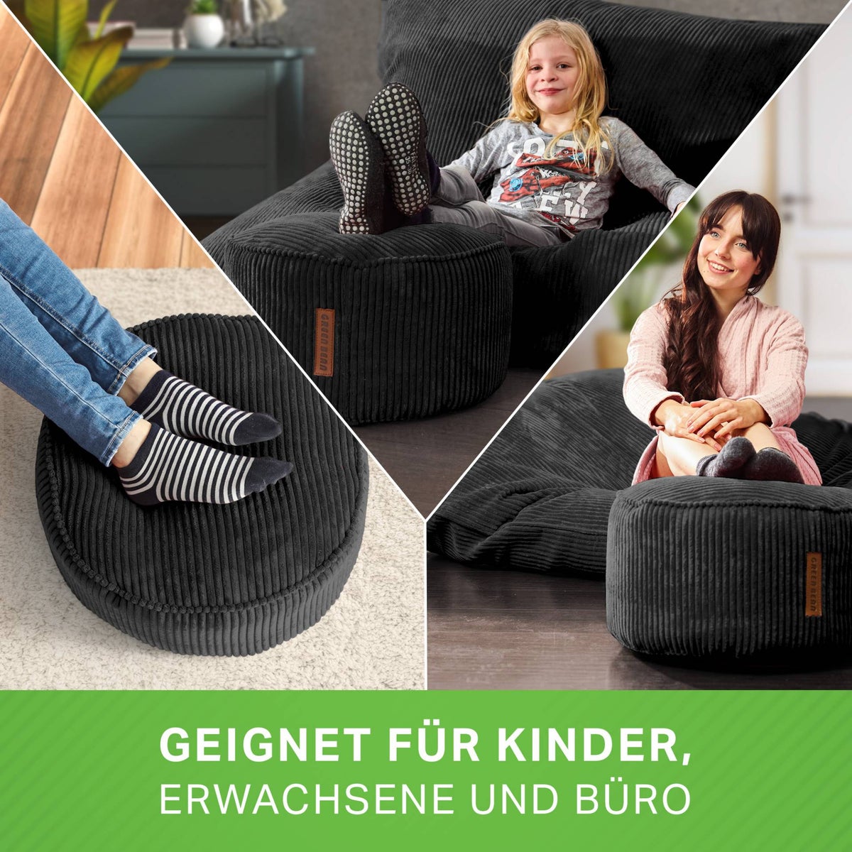 Groene bonen poef kussen 45x25cm met EPS kralen vulling & corduroy stof vloerkussen ligstoel kussen zitkussen poef fauteuil kinderen volwassenen stoffen kruk opbergruimte zwart