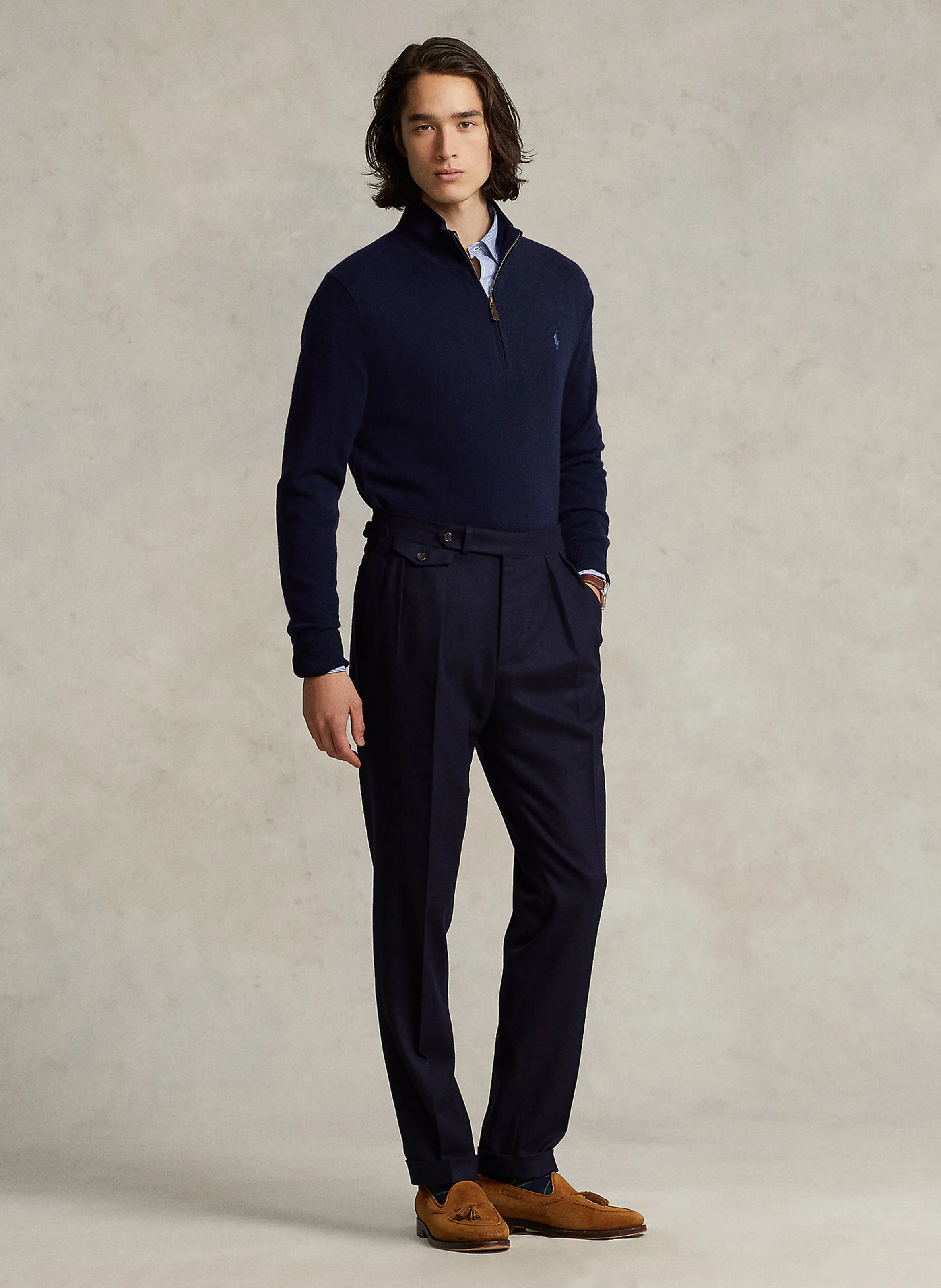 Pull col montant regular-fit brodé en laine mérinos | Bleu