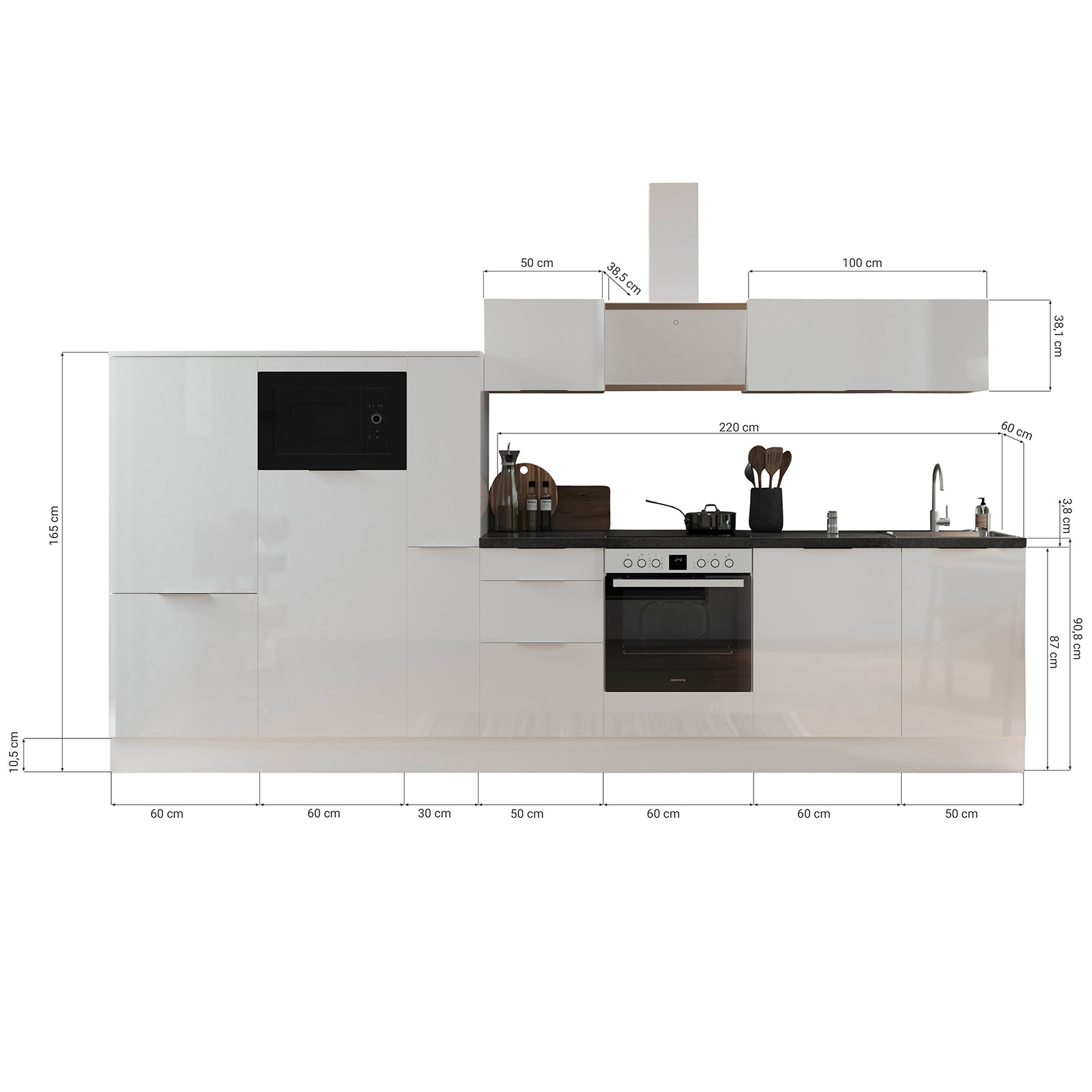 RESPEKTA Küchenblock - weiß Hochglanz - grau matt - mit E-Geräten - 370 cm