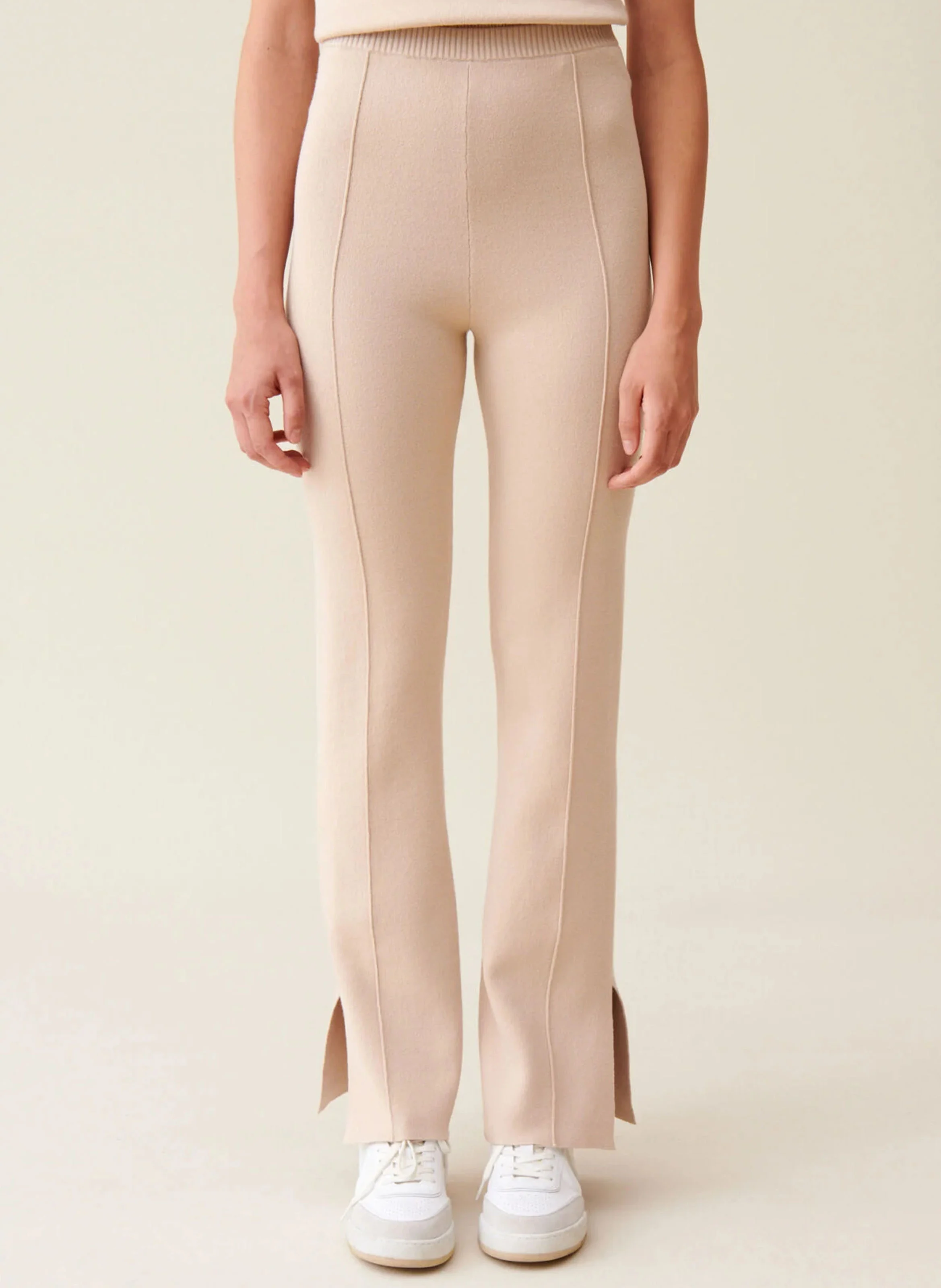 Pantalon droit surpiqures en coton mélangé | Beige