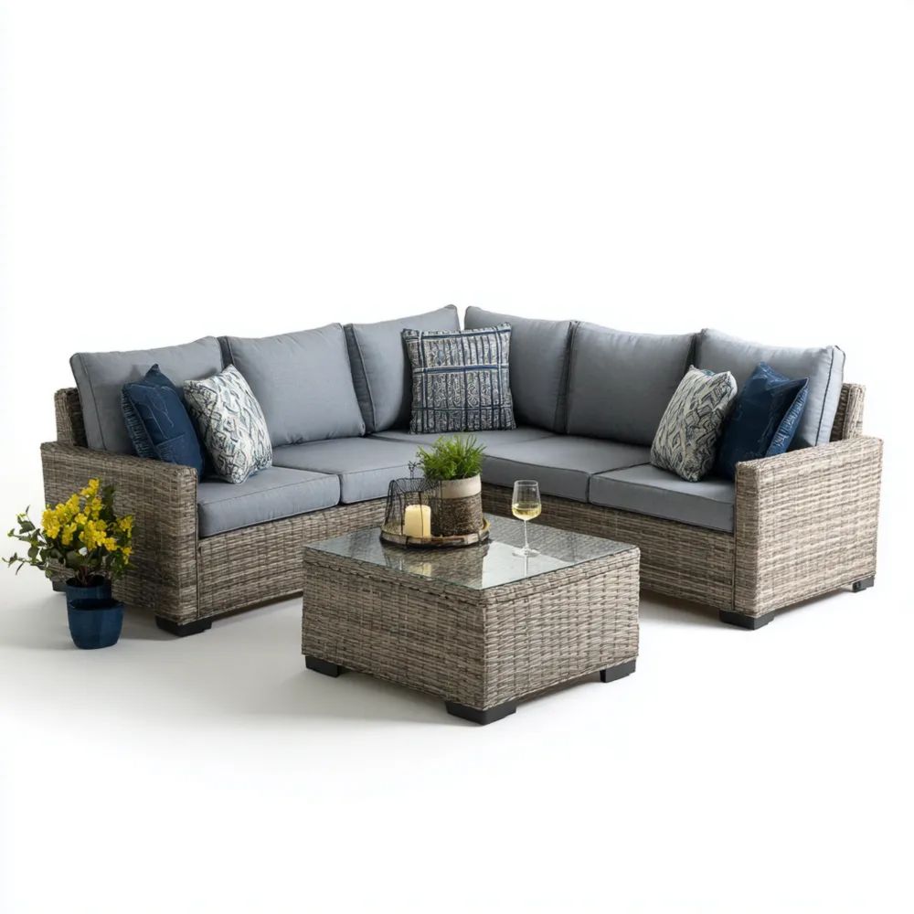 Garten-Sofaset Rattan 250x200x85 cm – Grau – Eckig mit Glastisch