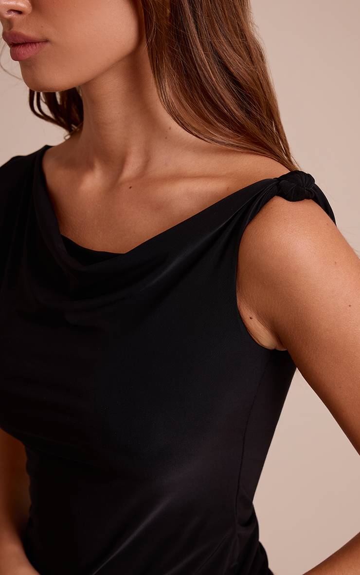 Noir Haut Long Asymétrique Double Couche En Tissu Slinky Avec Détail Nœud