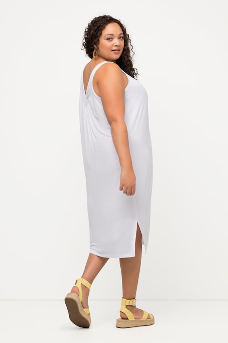 Kleid, Kräuselung, A-Linie, Midilänge, V-Ausschnitt, ärmellos
