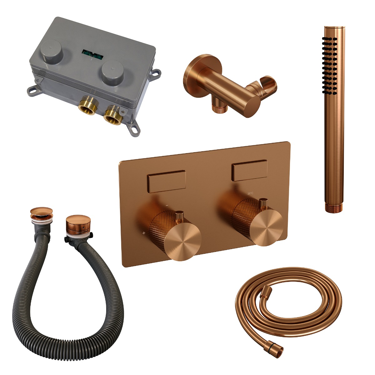 Brauer Copper Carving thermostatische inbouw badkraan met badvulcombinatie en staafhanddouche set 3 koper geborsteld PVD